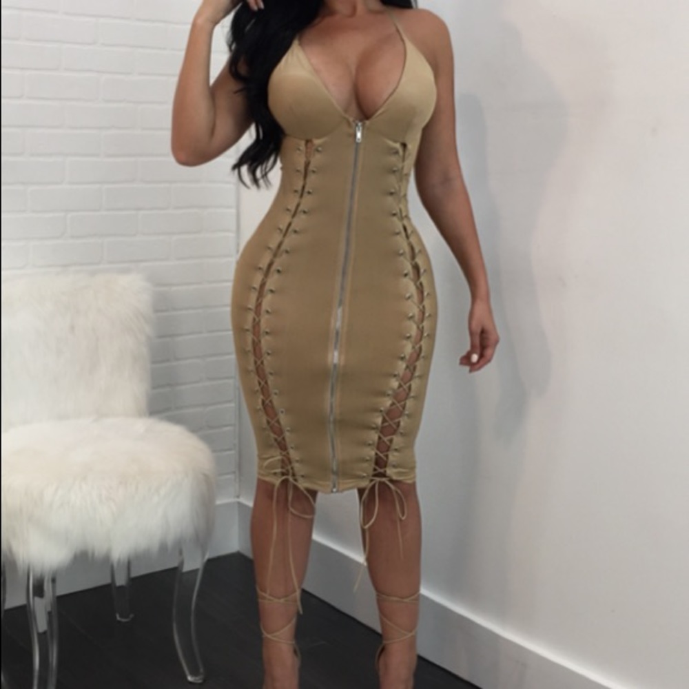 Tan lace up dress
